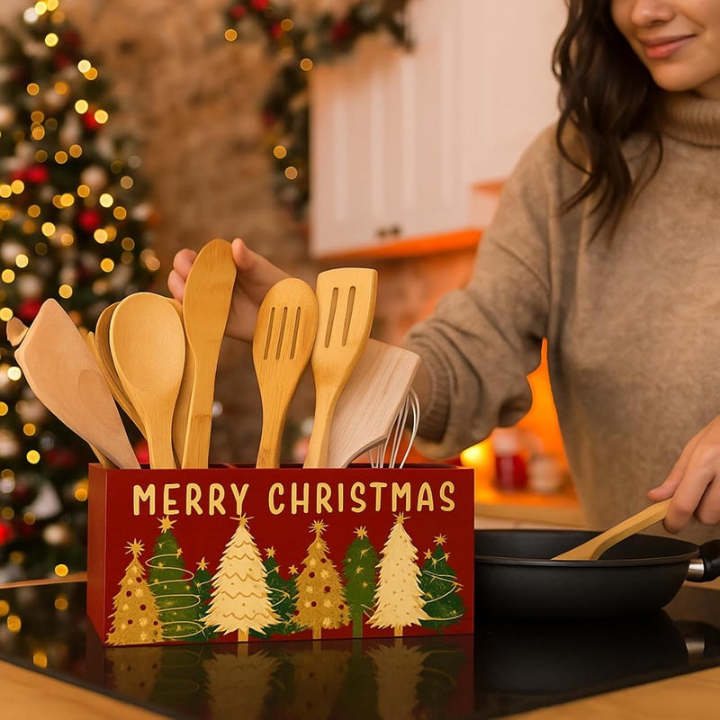 Meanplan Christmas Utensil Holder Christmas Kitchen Decor Extra Large Kitchen Utensils Holder with 4 Compartments for Xmas Farmhouse Indoor Decoration - Image 3